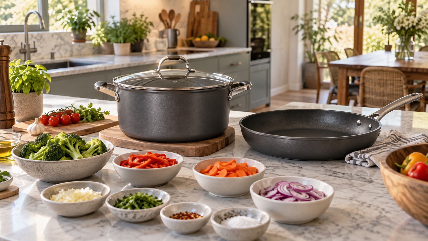 Cena ilustrativa de panelas e ingredientes separados para uma cozinha organizada
